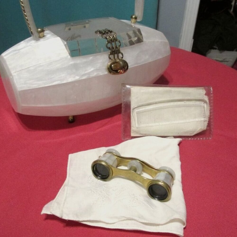 Vintage 1950's Maxim Lucite purse W/ Mother of Peral Opera glasses and kerchief